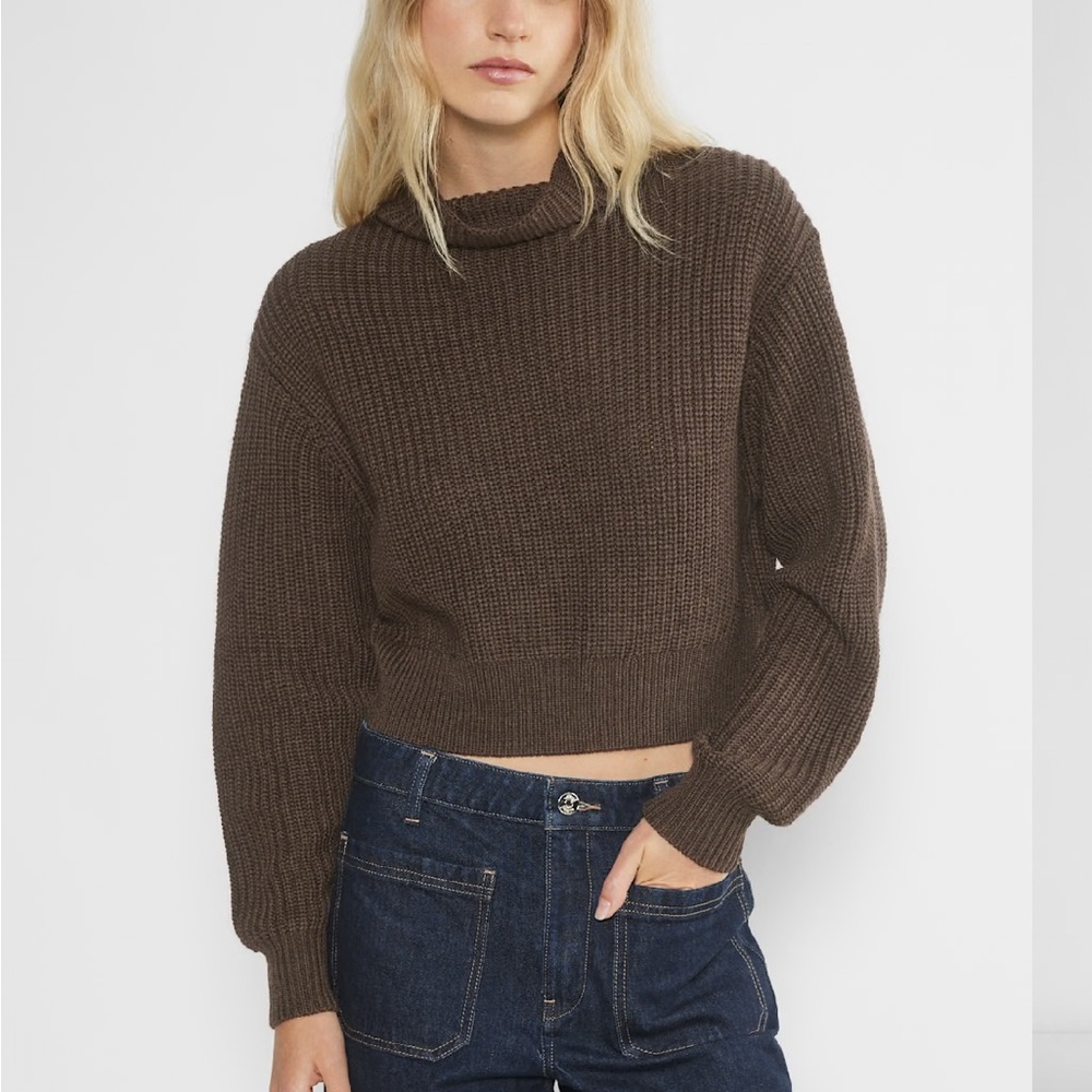 Cropped Turtleneck GREY Knit Merino Wool Sweater
